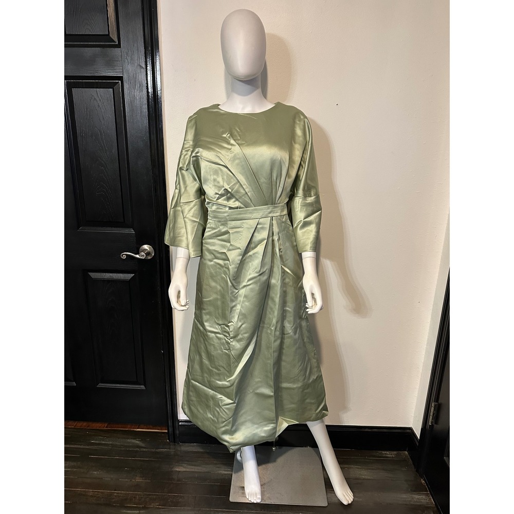 Sage Green Satin Pleated Midi Dress Wide 3/4 Sleeve Formal Wedding Guest Dress